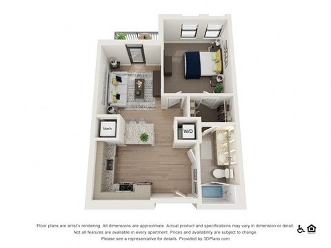 Floor plan for 1 bed, 1 bath, 733 sqft